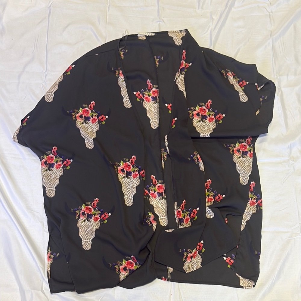 Floral Skull Print Black Shirt